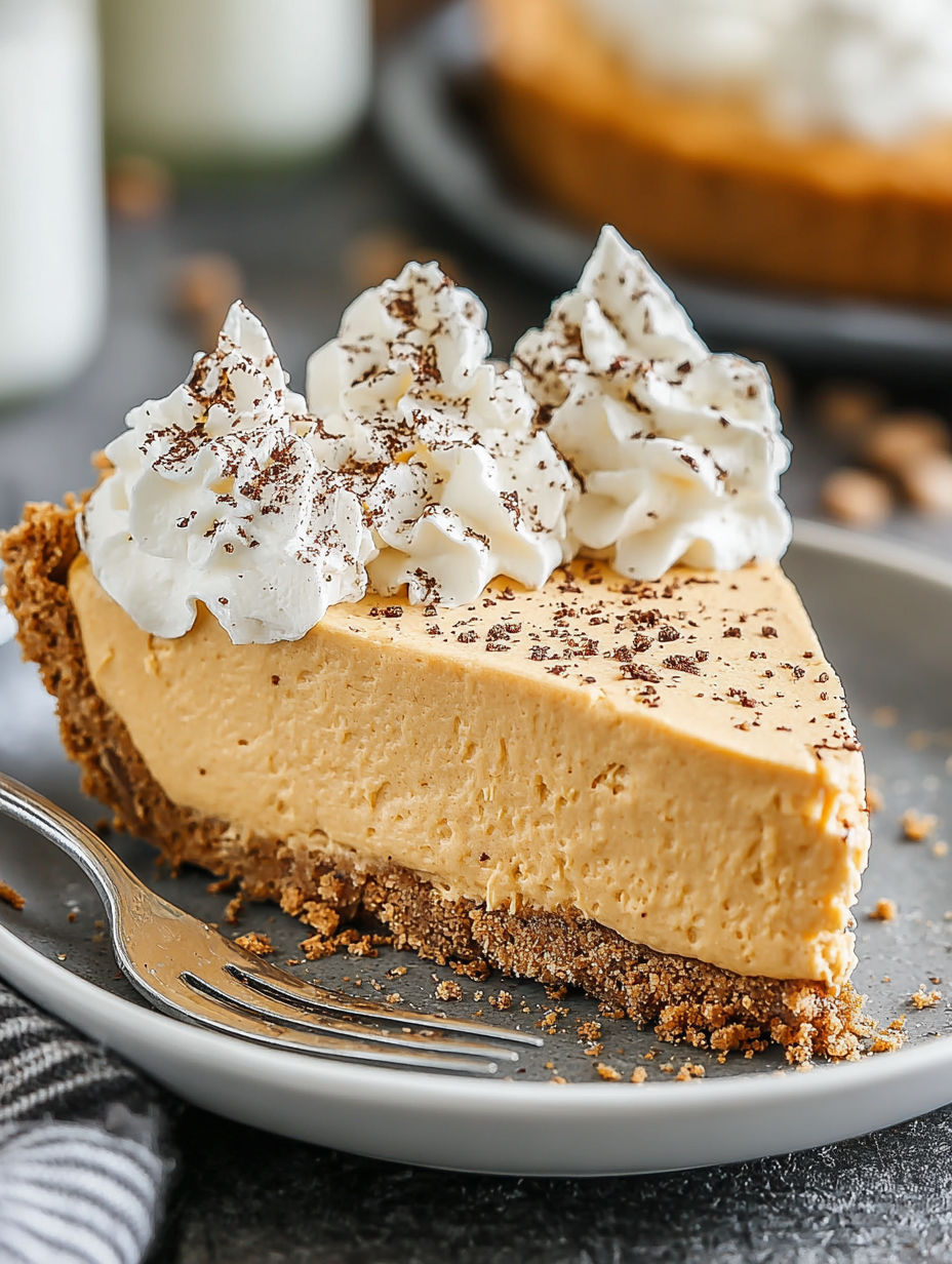 A slice of pie with whipped cream on top.