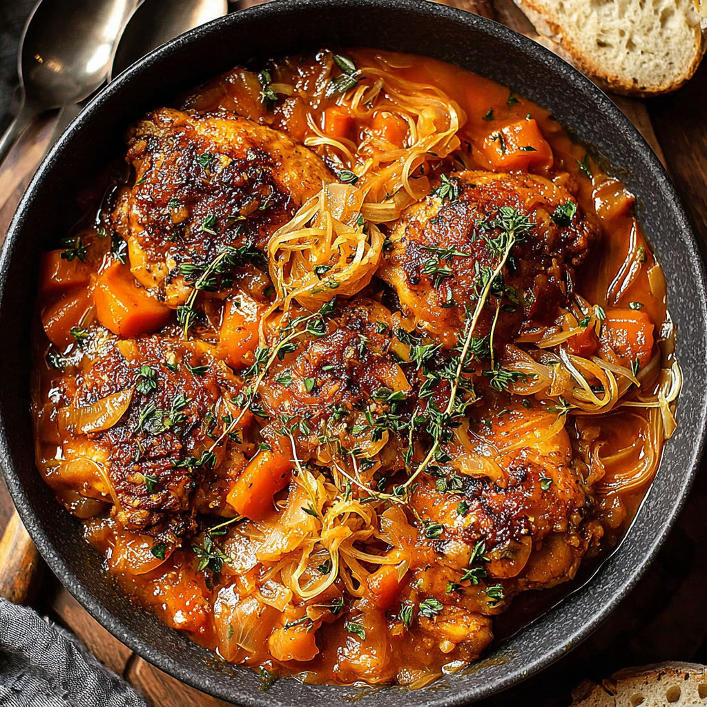 A close up of a crockpot pumpkin beer braised chicken dish.