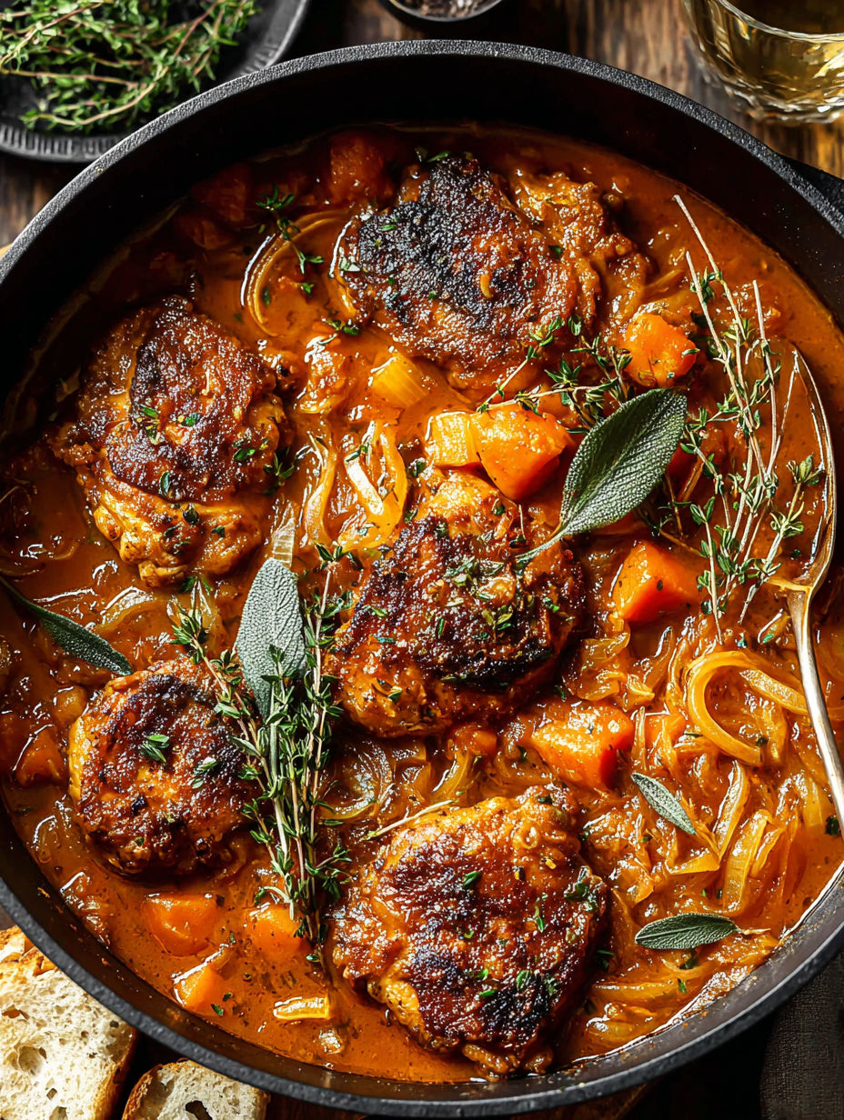 A hearty holiday main dish of pumpkin beer braised chicken.