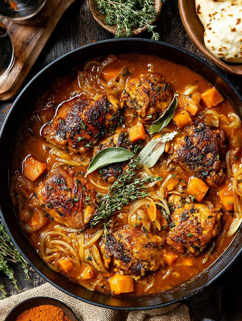A hearty holiday main dish of pumpkin beer braised chicken.