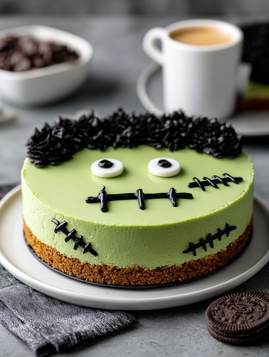 A green Frankenstein cake with white frosting and black eyes.
