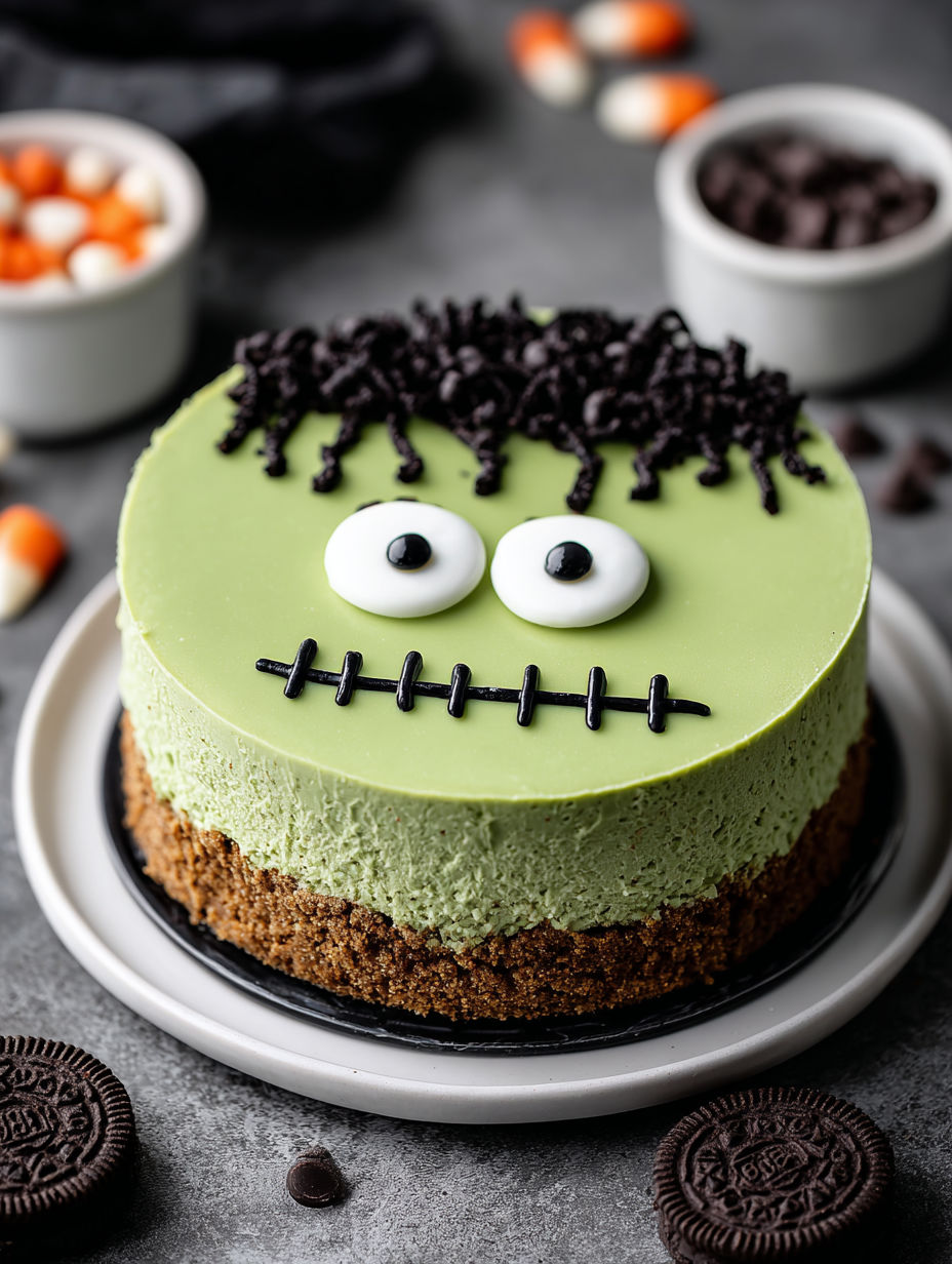 A green Frankenstein cake with white eyes and a black mouth.