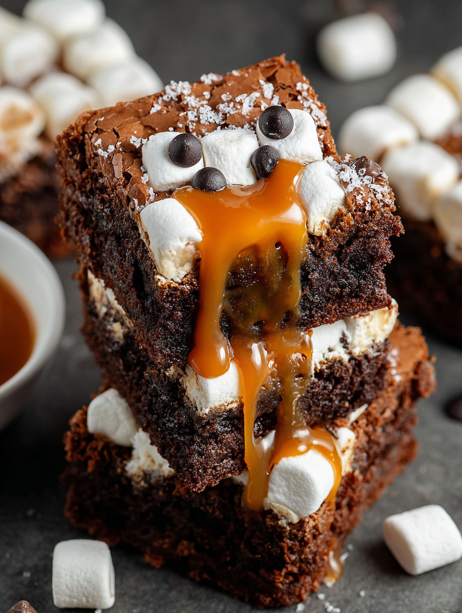 A slice of chocolate cake with caramel drizzle.