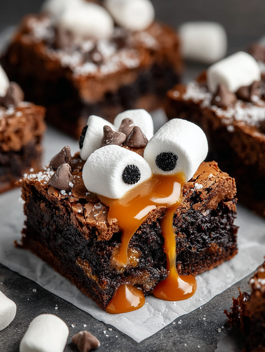 A chocolate brownie with marshmallows and caramel drizzle.