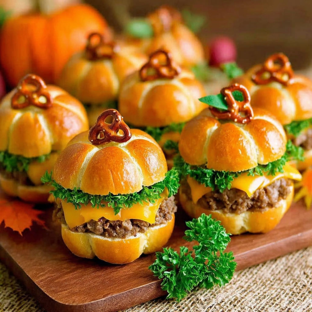 Pumpkin shaped sliders with beef and cheese.