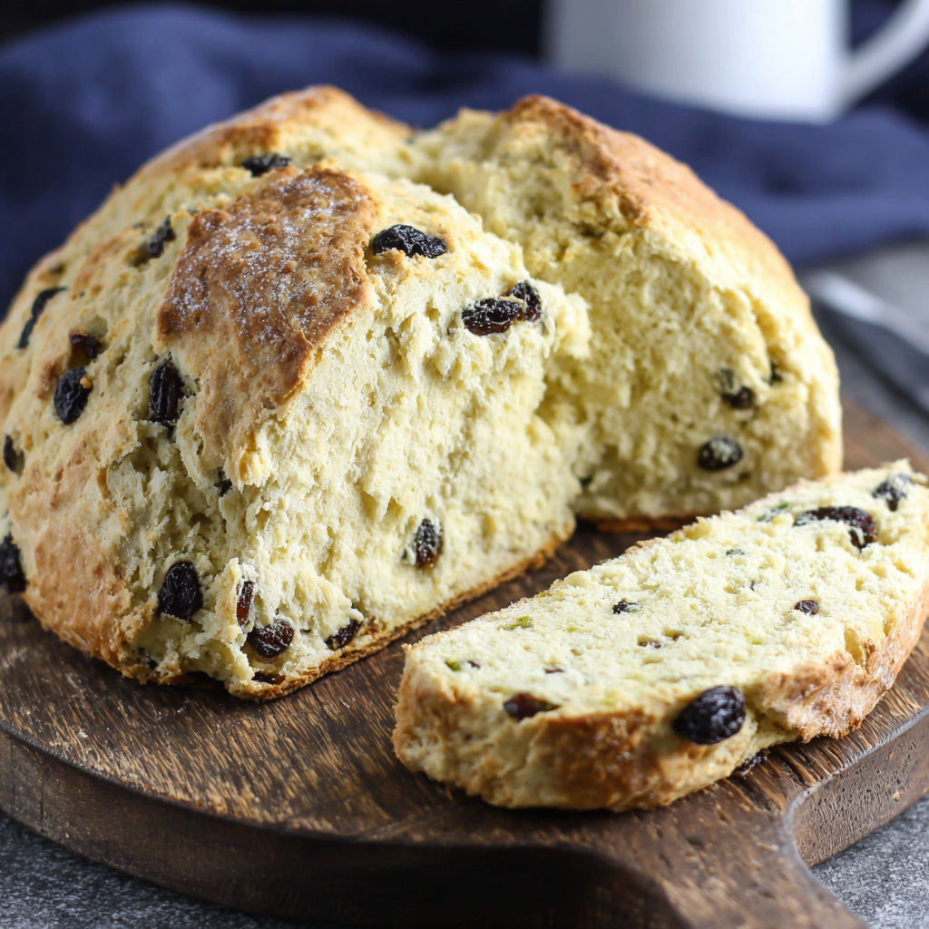 A slice of Irish soda bread on a wooden cutting board.