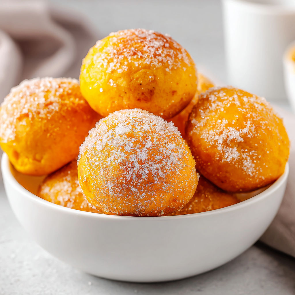 A bowl of donuts with sugar on top.