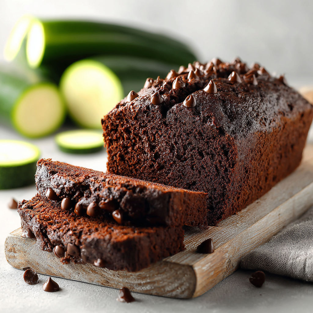 A slice of chocolate zucchini bread on a wooden cutting board.