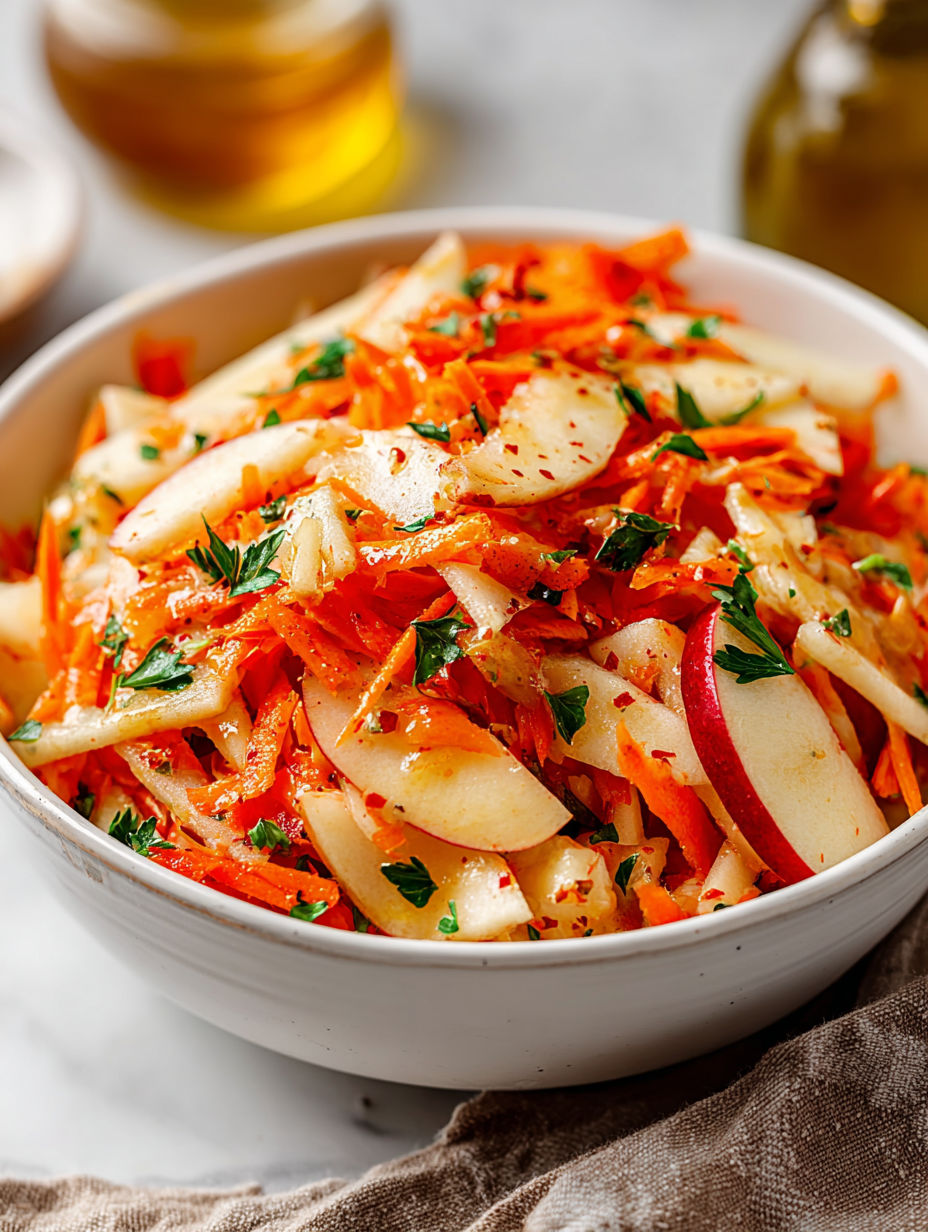 A bowl of apple and carrot salad.