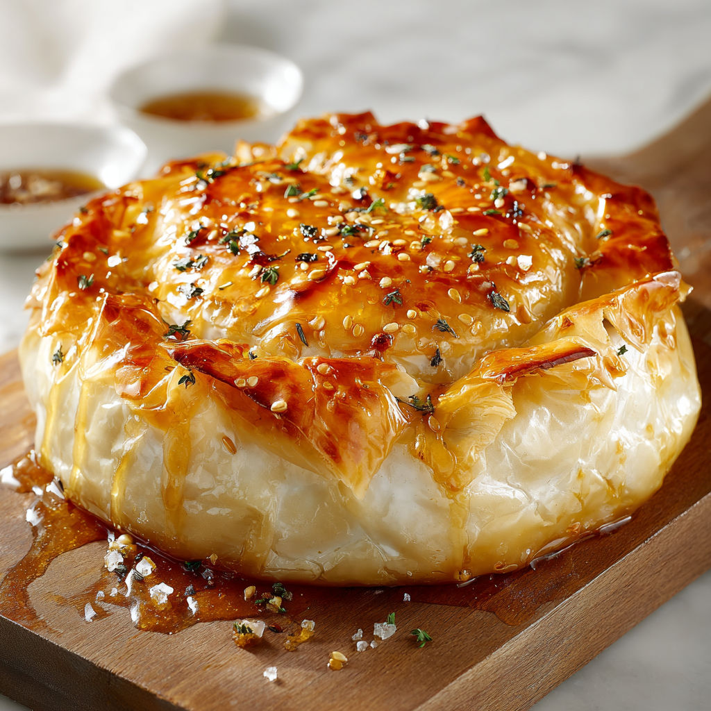 A baked brie in phyllo dough is on a wooden platter.