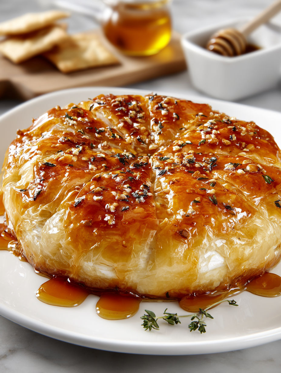A baked brie in phyllo dough on a white plate.