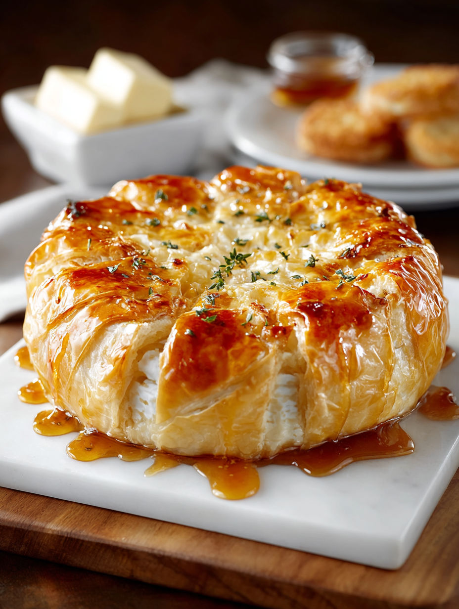 A baked brie in phyllo dough is on a plate.