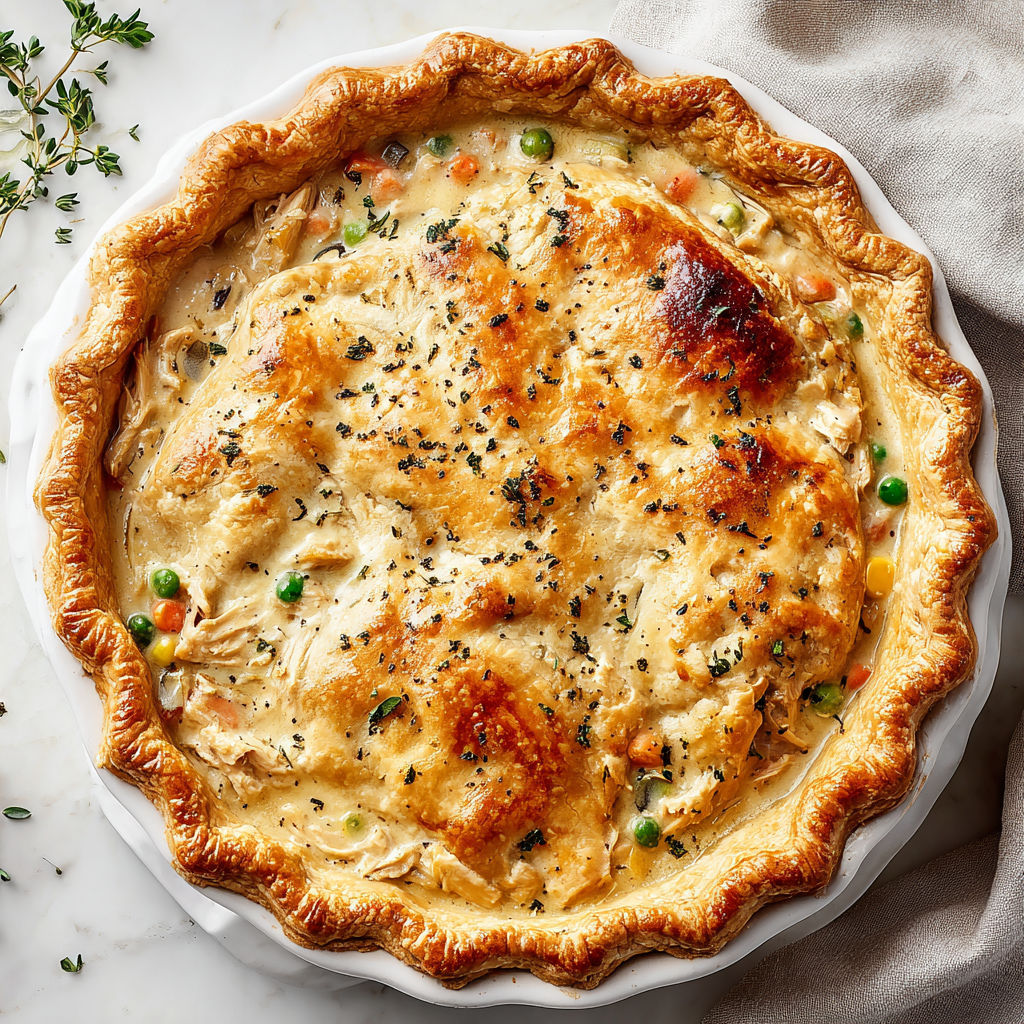 A pot pie with a golden crust and a filling of turkey and vegetables.