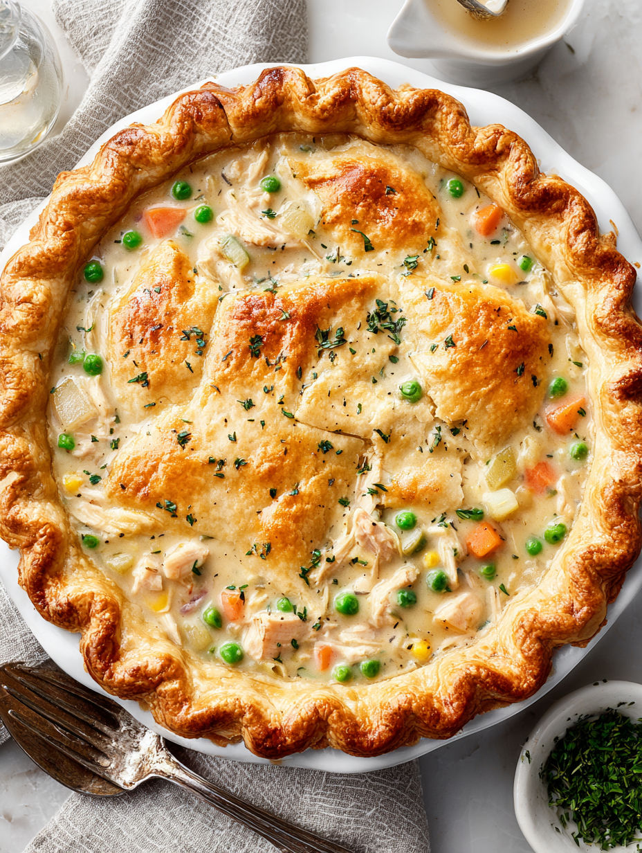 A close up of a pot pie with peas and carrots.