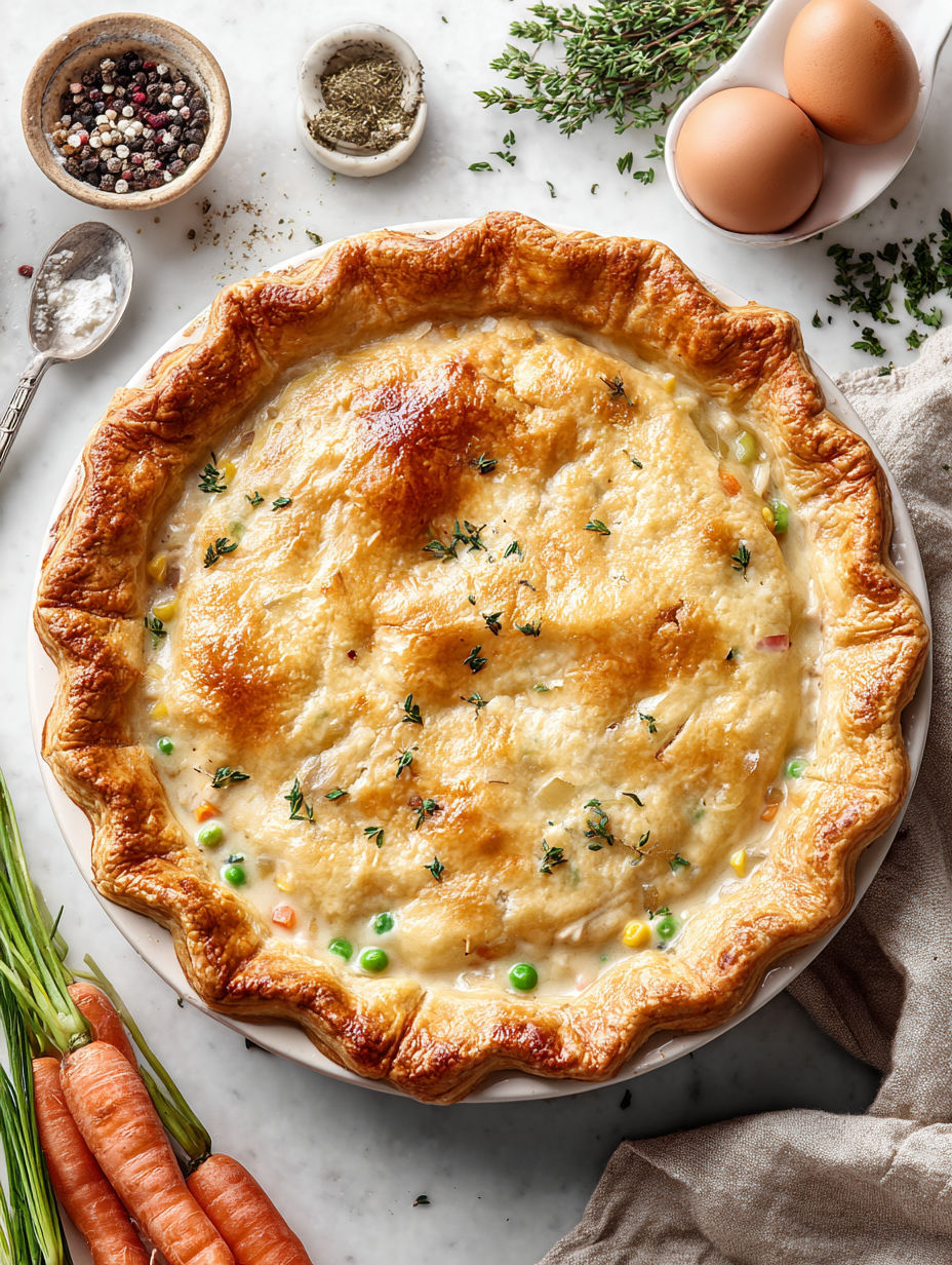 A pot pie with a golden crust and a filling of turkey and vegetables.