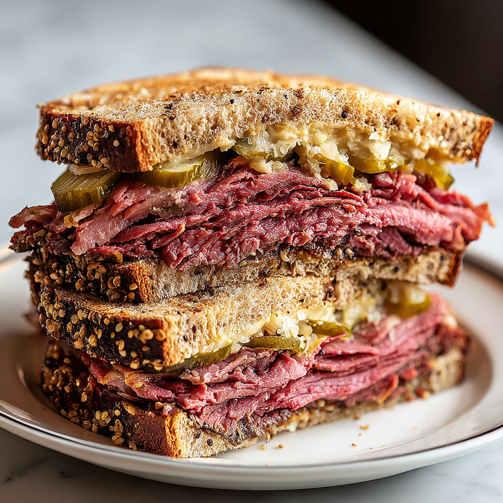 A stack of pastrami sandwiches on rye.