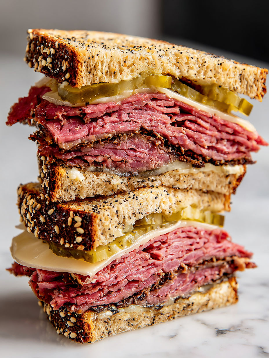 A stack of pastrami sandwiches on rye.