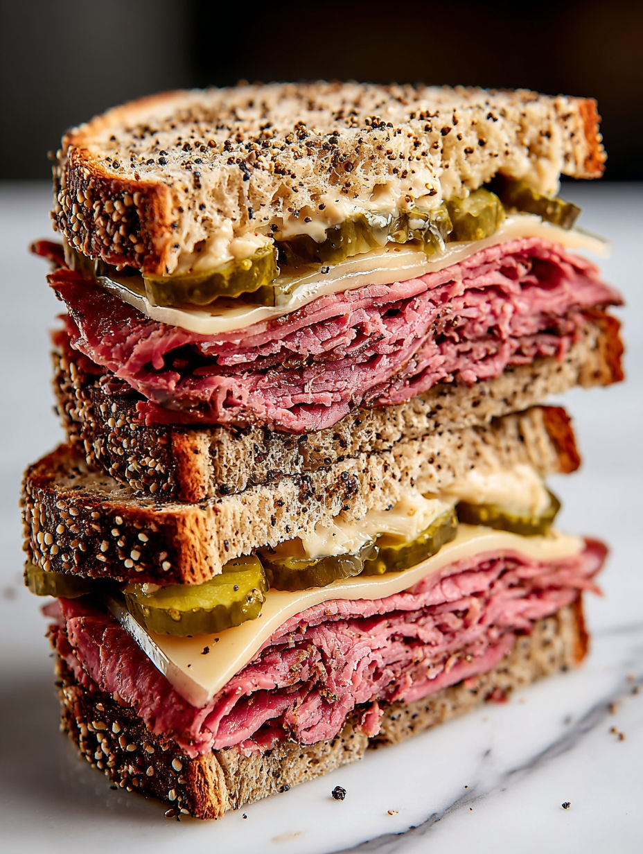 A stack of pastrami sandwiches on rye bread.