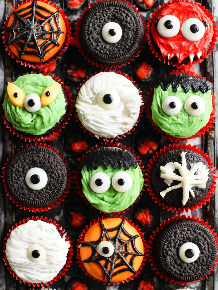 Halloween cupcakes with creepy-cute designs.
