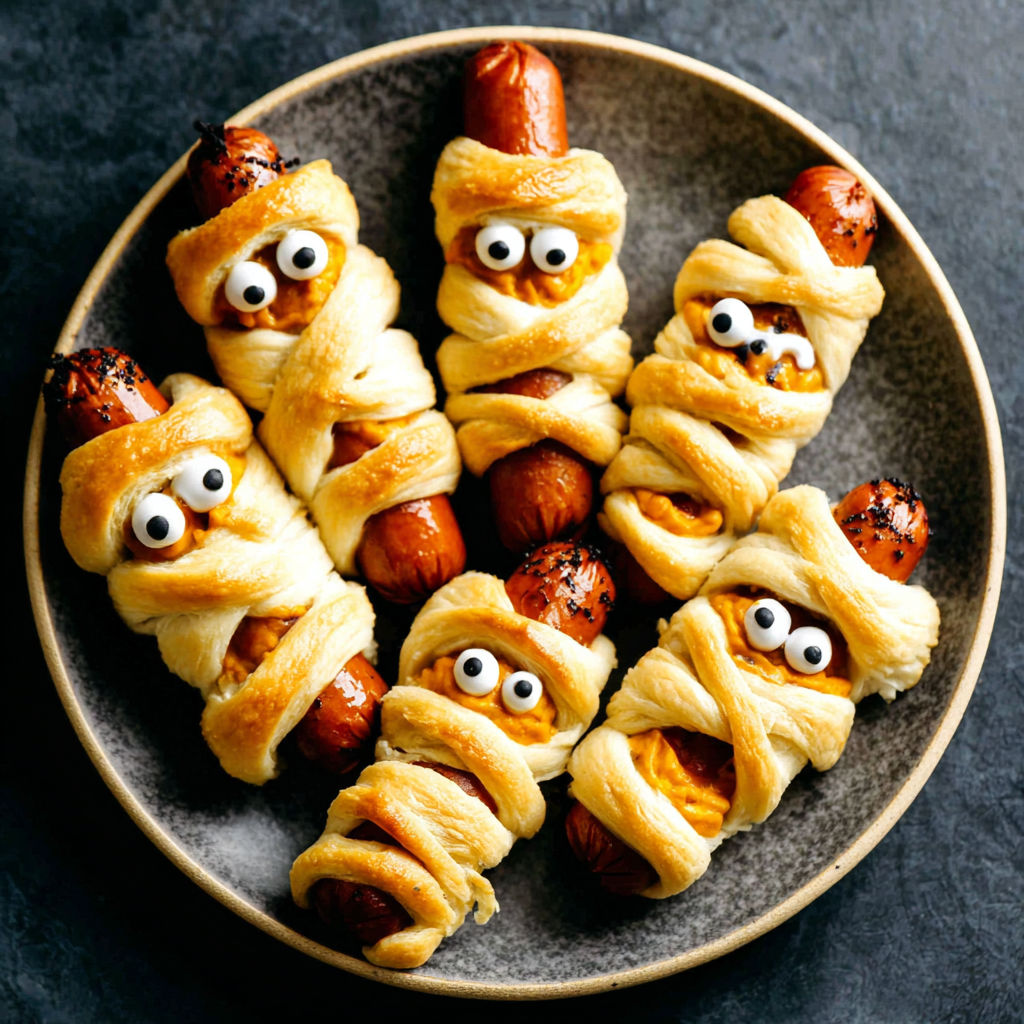 Mummy hot dogs on a plate.