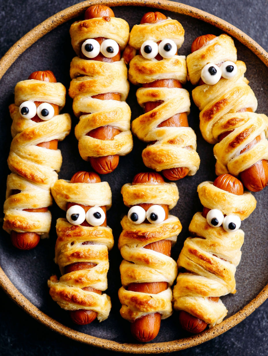 Mummy hot dogs on a plate.