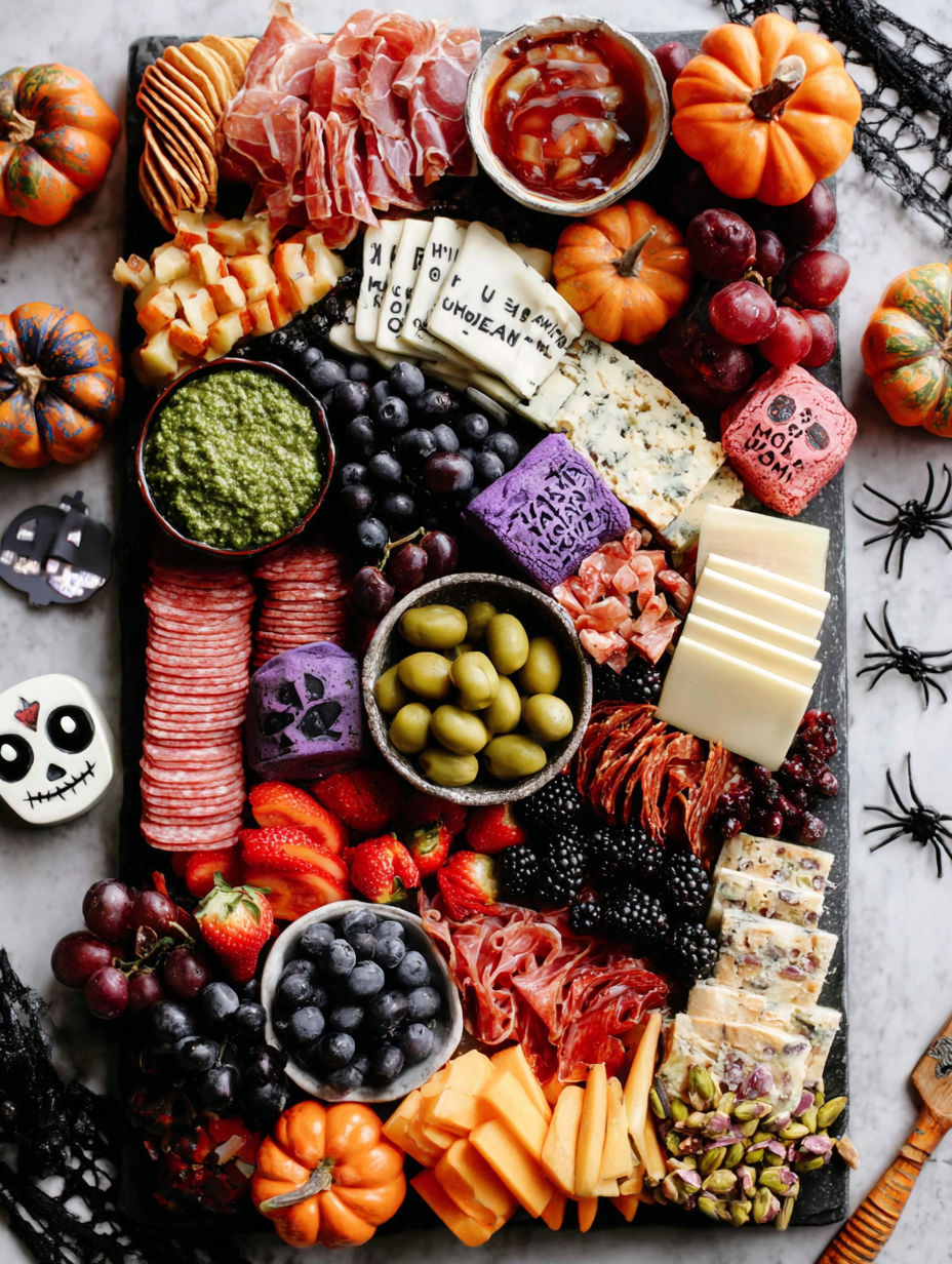 A Halloween charcuterie board with a variety of foods.