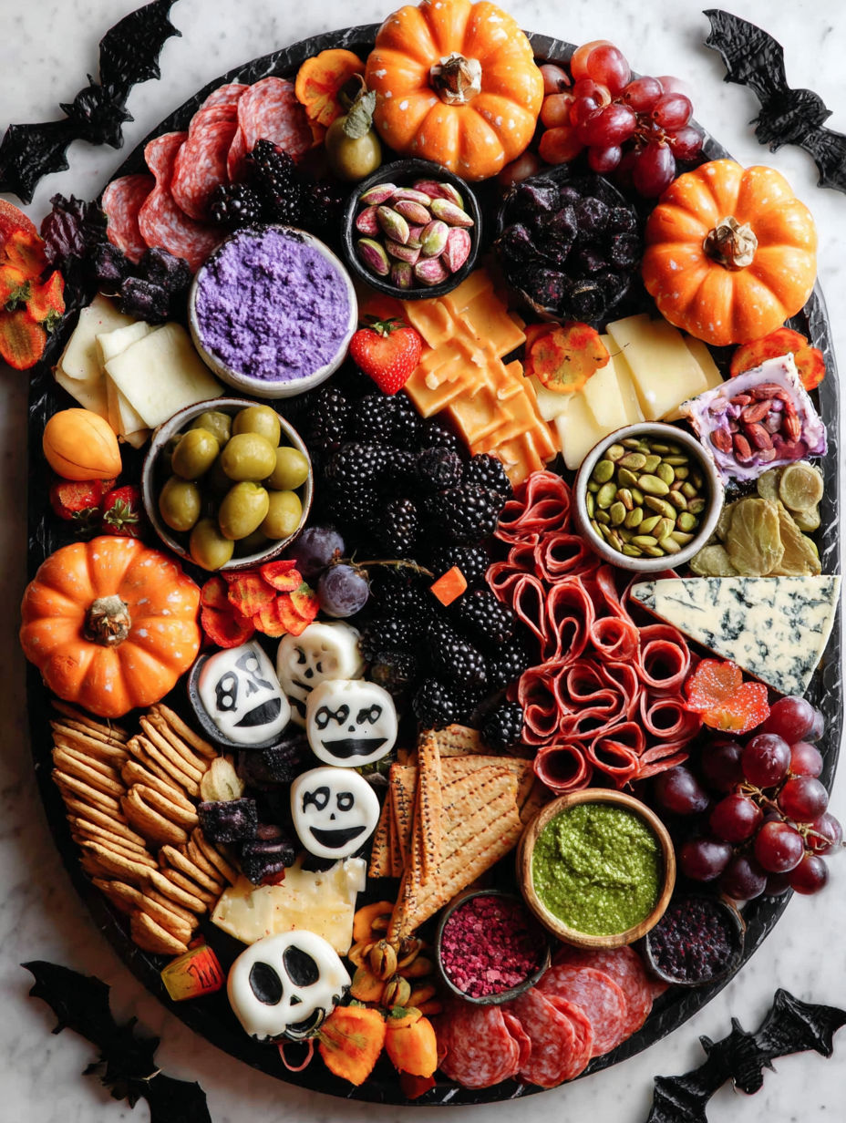 A Halloween charcuterie board with a variety of foods.