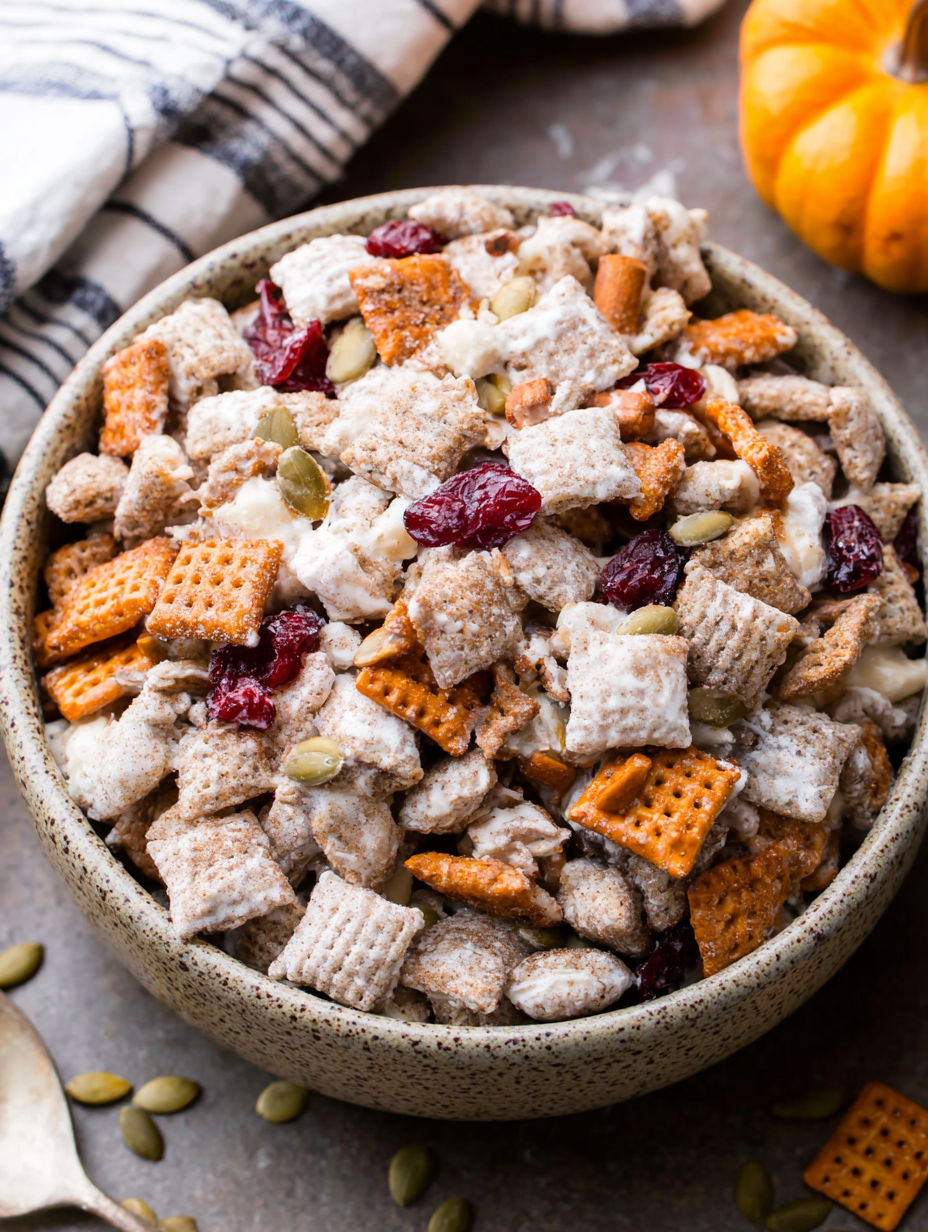 A bowl of Pumpkin Spice Buddies - Cozy Fall Snack Mix.