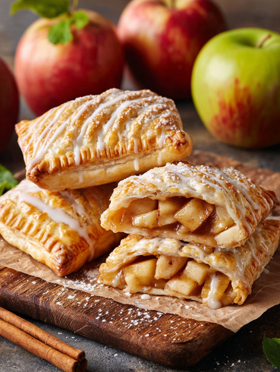 Homemade apple pop tarts on a wooden table.