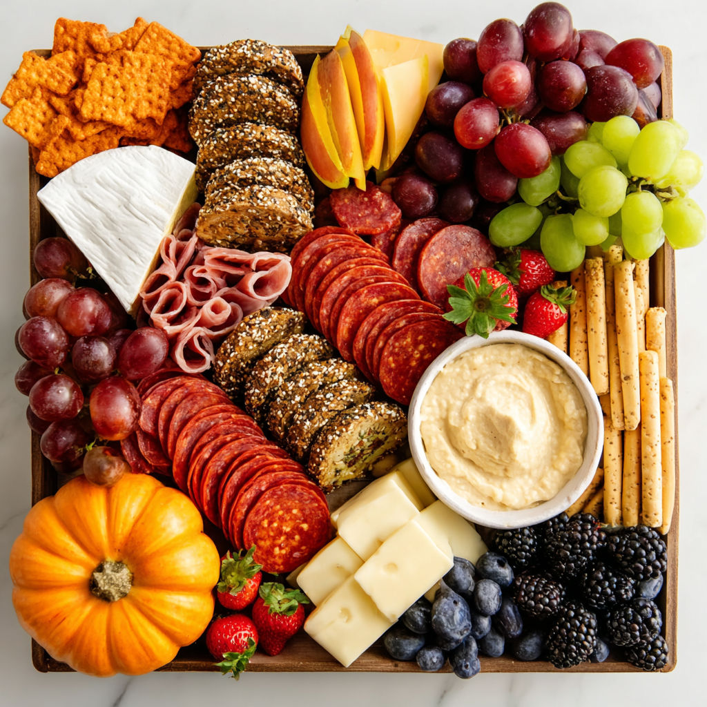 A variety of foods on a wooden tray, including cheese, crackers, grapes, and other items.