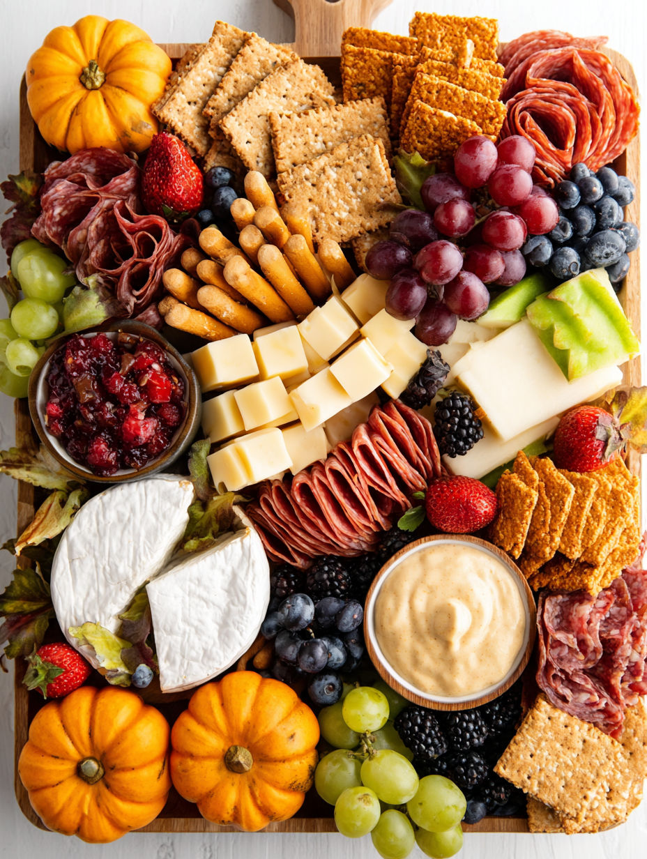 A variety of foods on a table, including cheese, crackers, fruit, and meat.