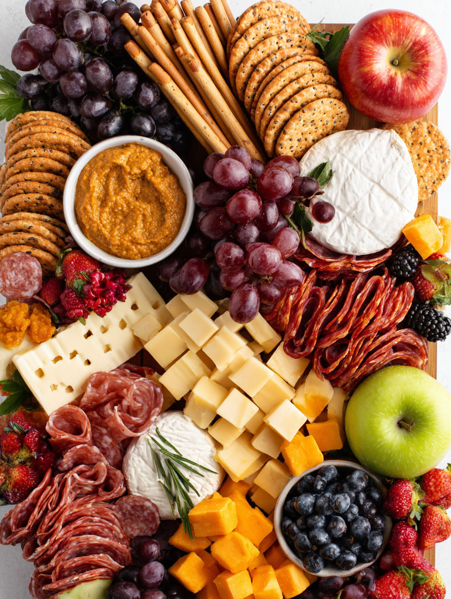 A variety of foods on a table, including cheese, crackers, grapes, and apples.