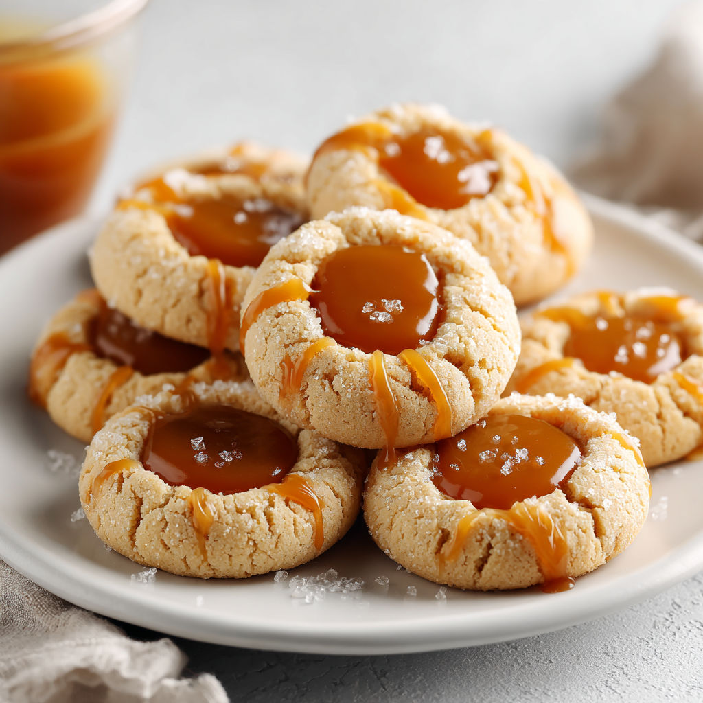 A plate of cookies with caramel sauce drizzled on top.