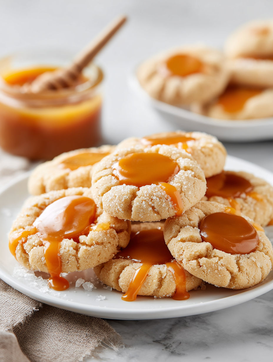 A plate of cookies with a jar of honey on the side.