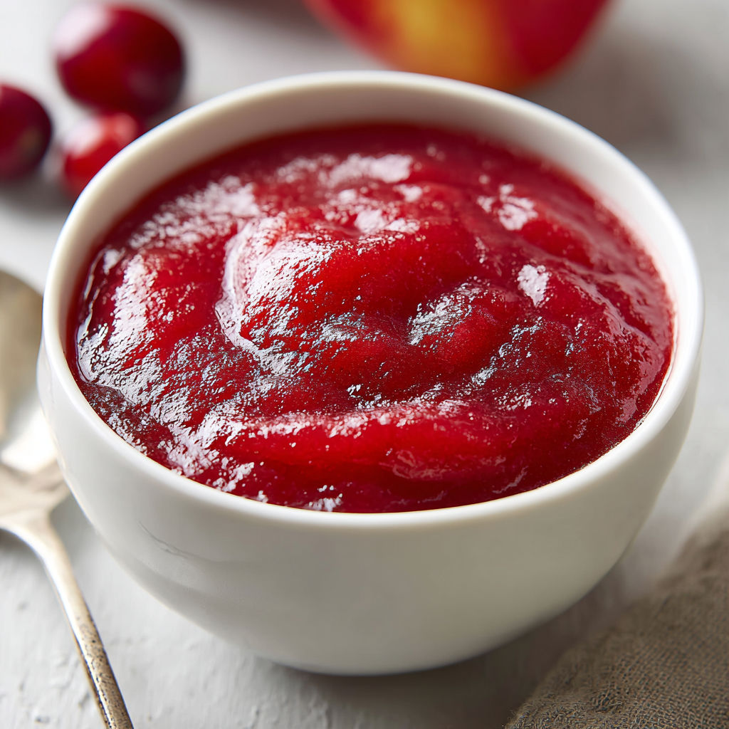 A bowl of red sauce with apples and berries.