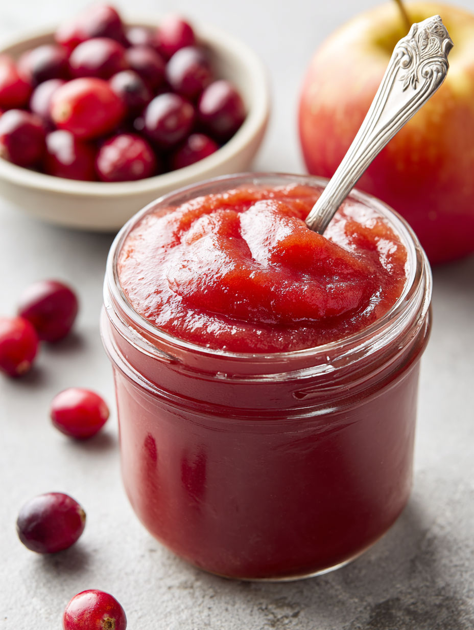 A jar of applesauce with a spoon in it.