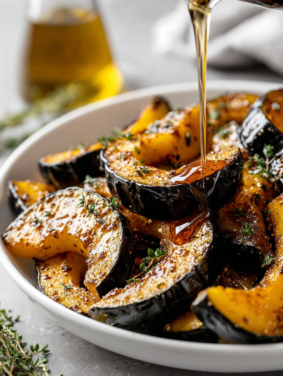 A bowl of roasted squash with a drizzle of maple syrup.
