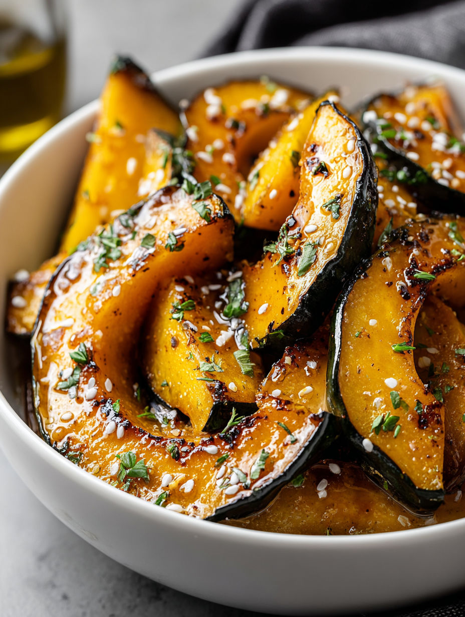 A bowl of roasted squash with herbs and spices.