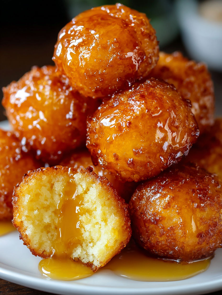 A stack of golden, syrupy, fried dough balls.