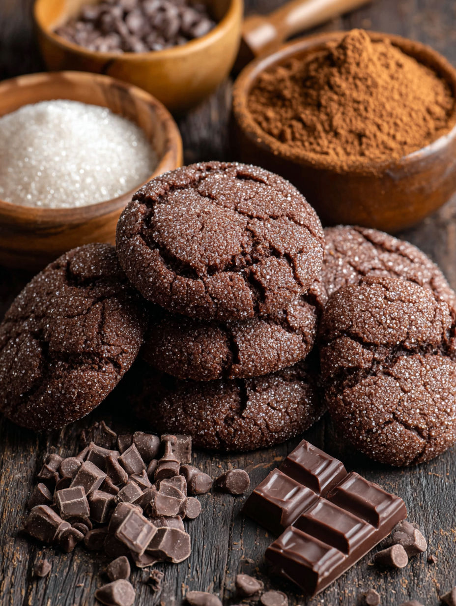 A pile of chocolate cookies with sugar on top.