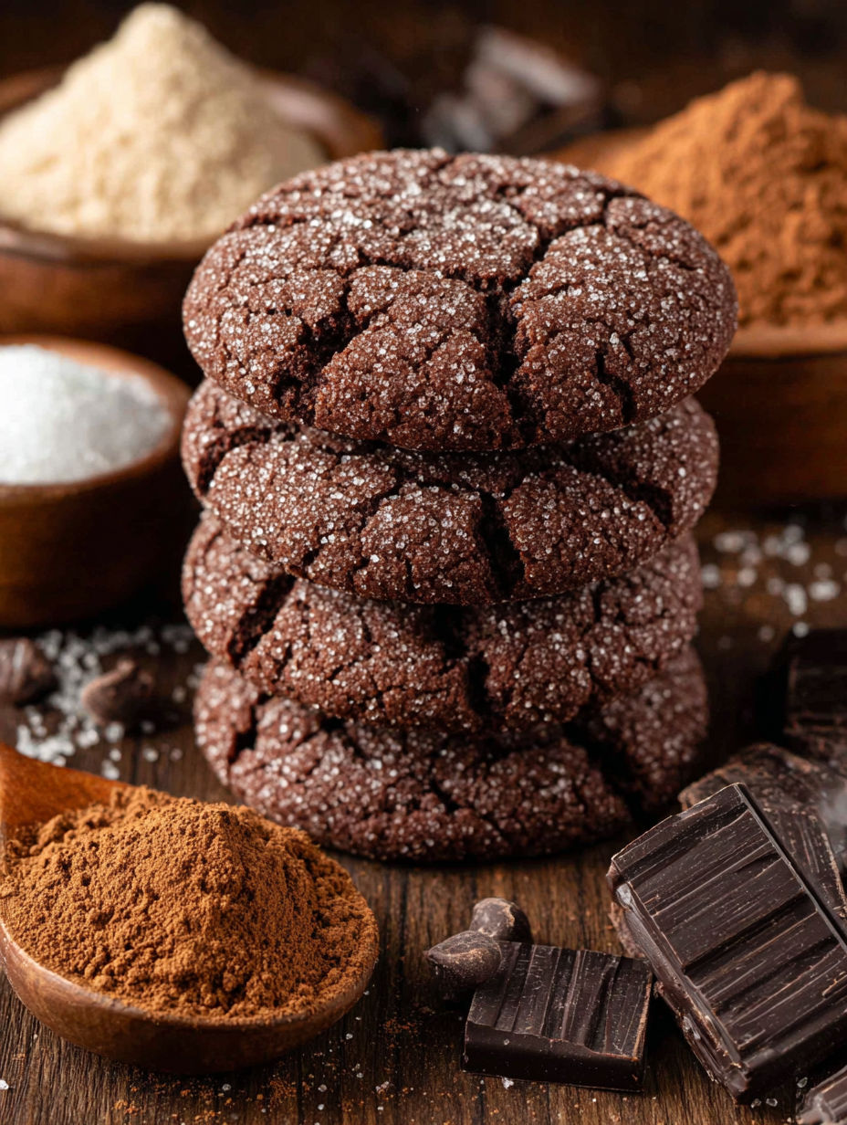 A stack of chocolate cookies with powdered sugar on top.