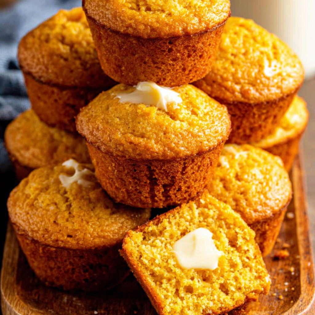 A stack of cornbread muffins with butter on top.