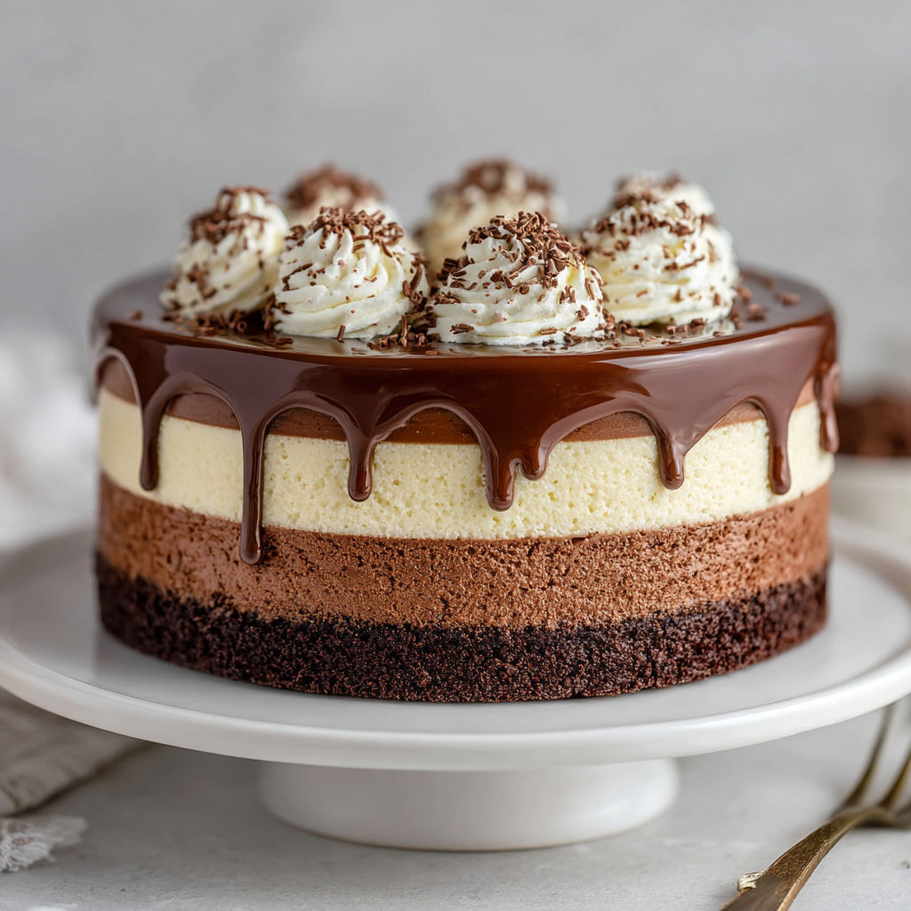 A close up of a triple chocolate mousse cake.