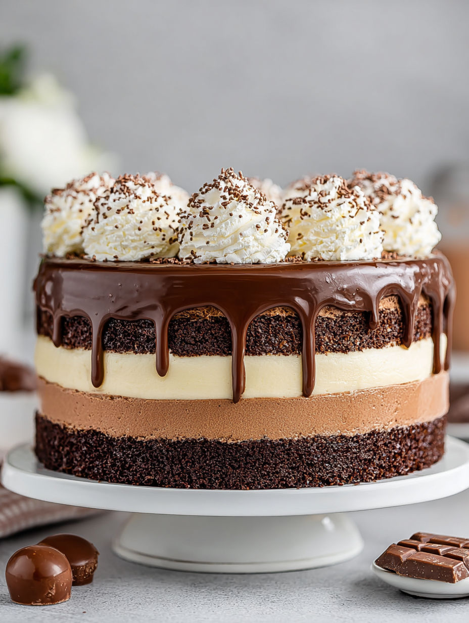A close up of a triple chocolate mousse cake.