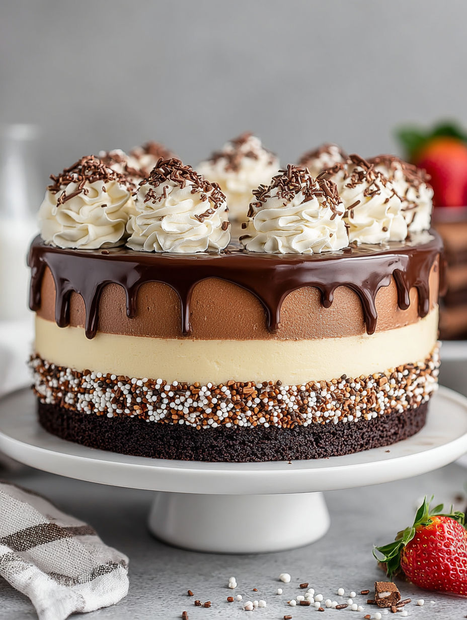 A triple chocolate mousse cake on a plate.