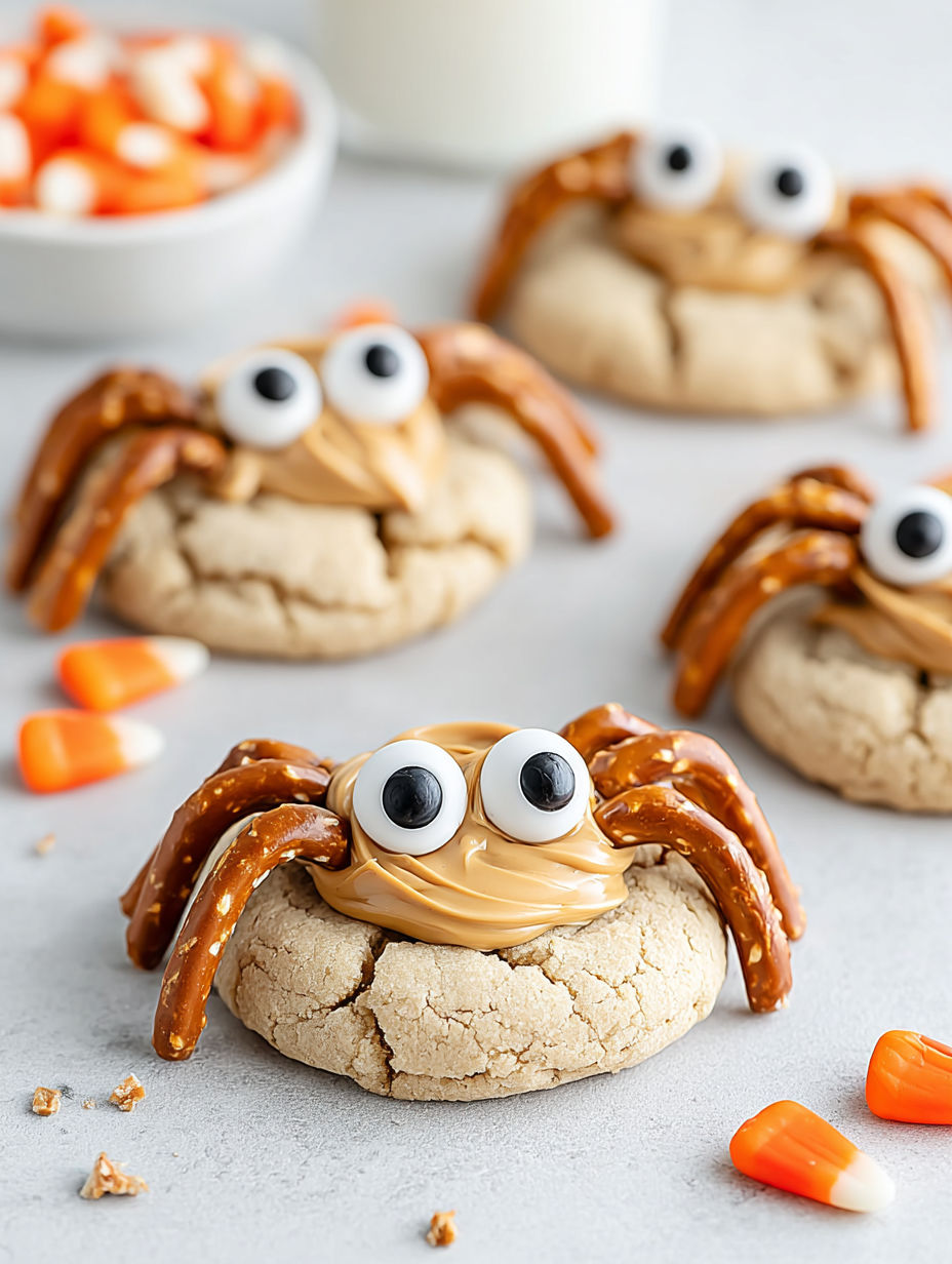 Peanut butter spider cookies with a candy eyeball.