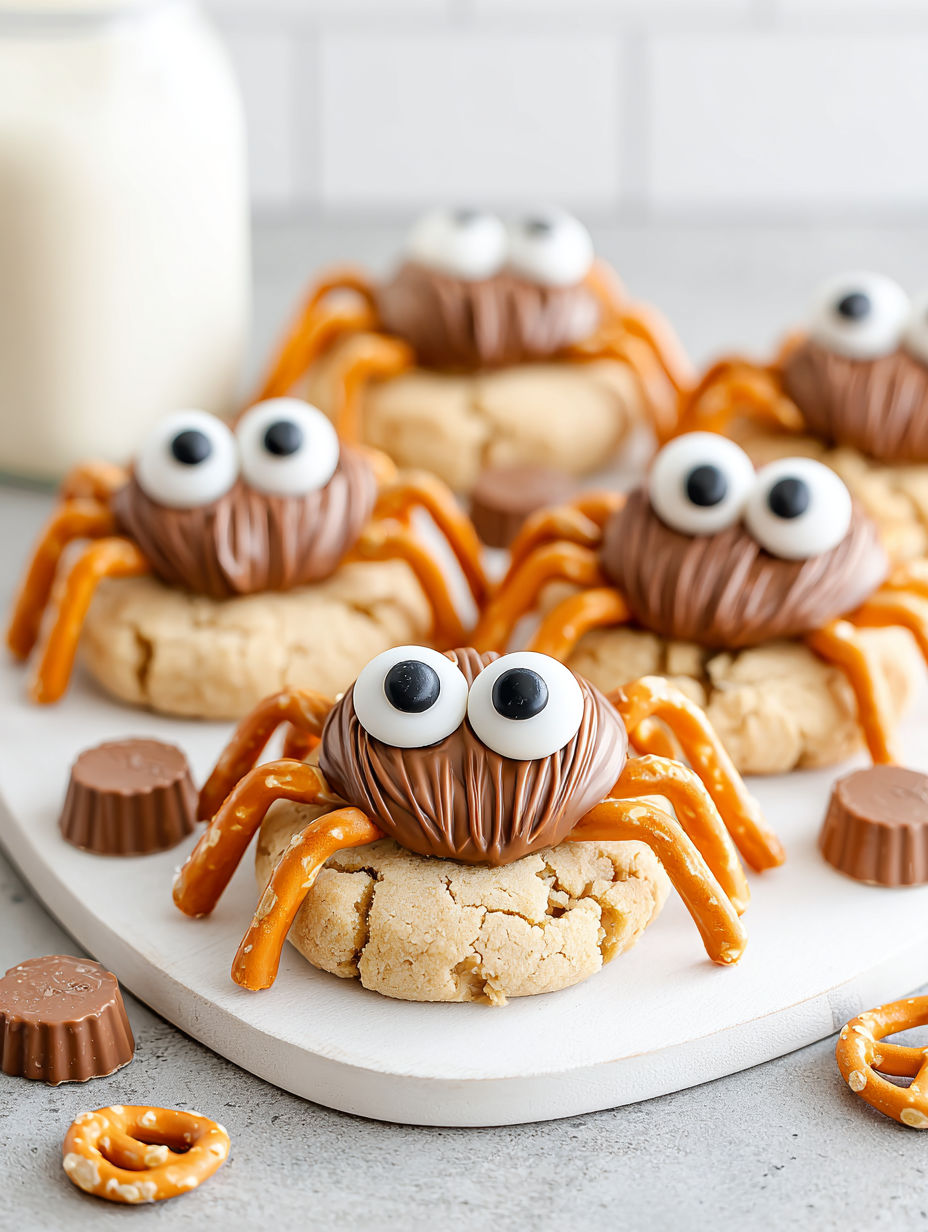 Peanut butter spider cookies on a plate.