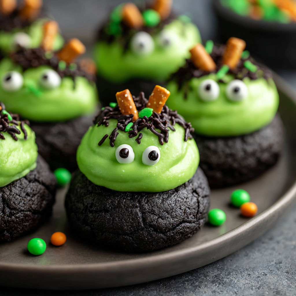 A plate of green and orange cookies with a face on them.