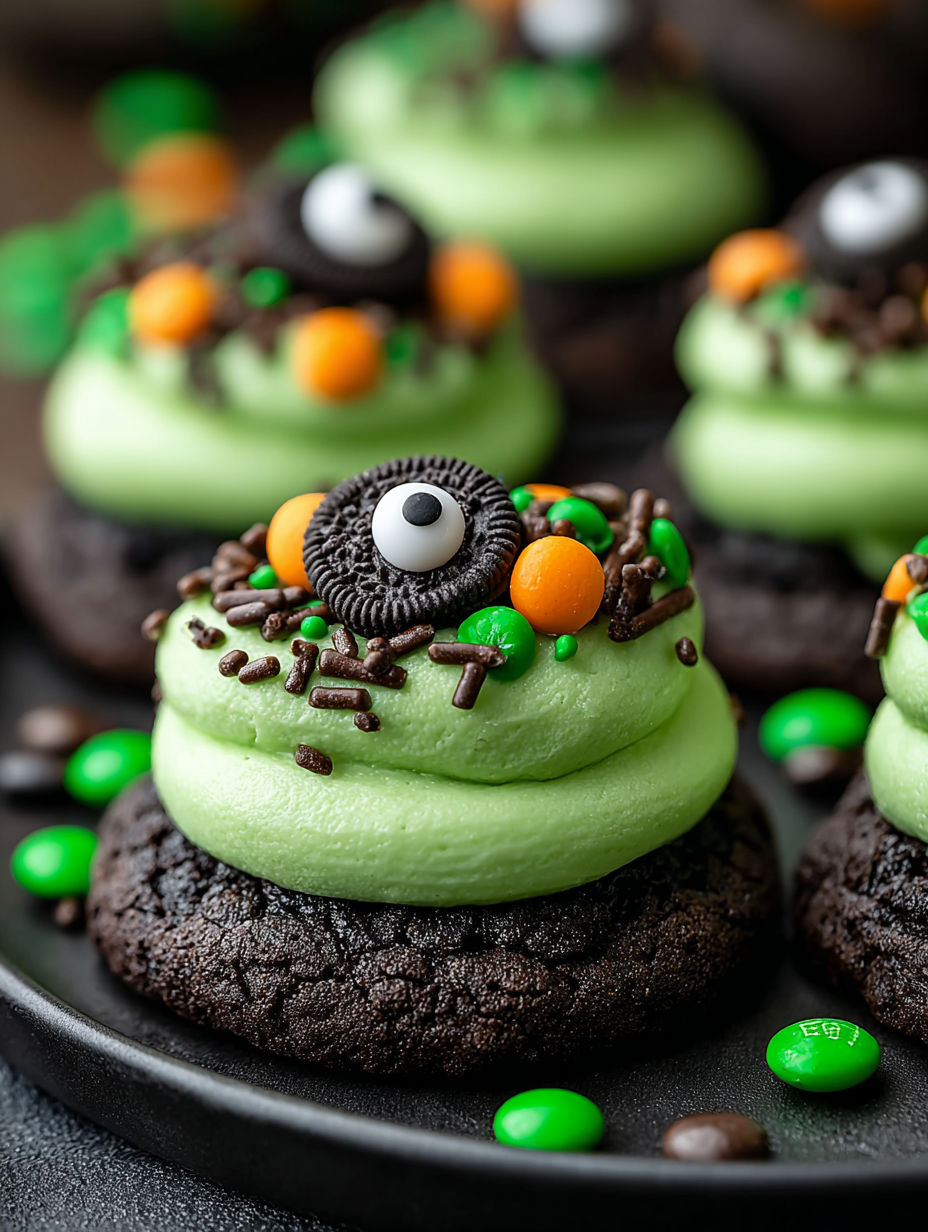 A plate of cookies with a green gummy worm on top.