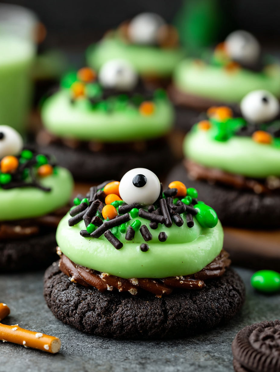 A plate of cookies with green eyes and orange mouths.
